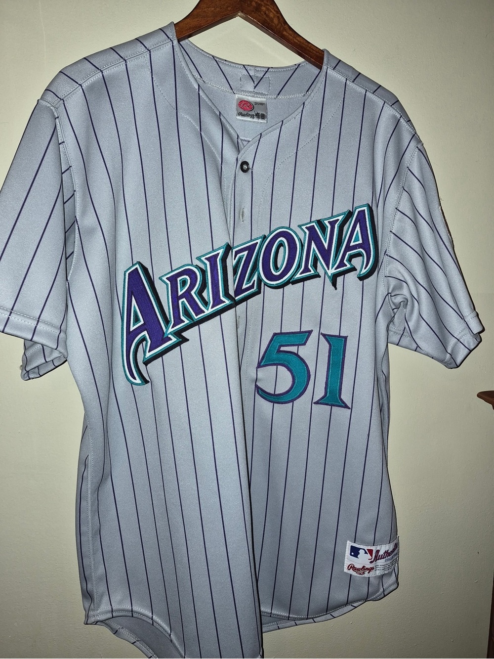 Rawlings White Baseball Jersey with Purple Pinstripes
